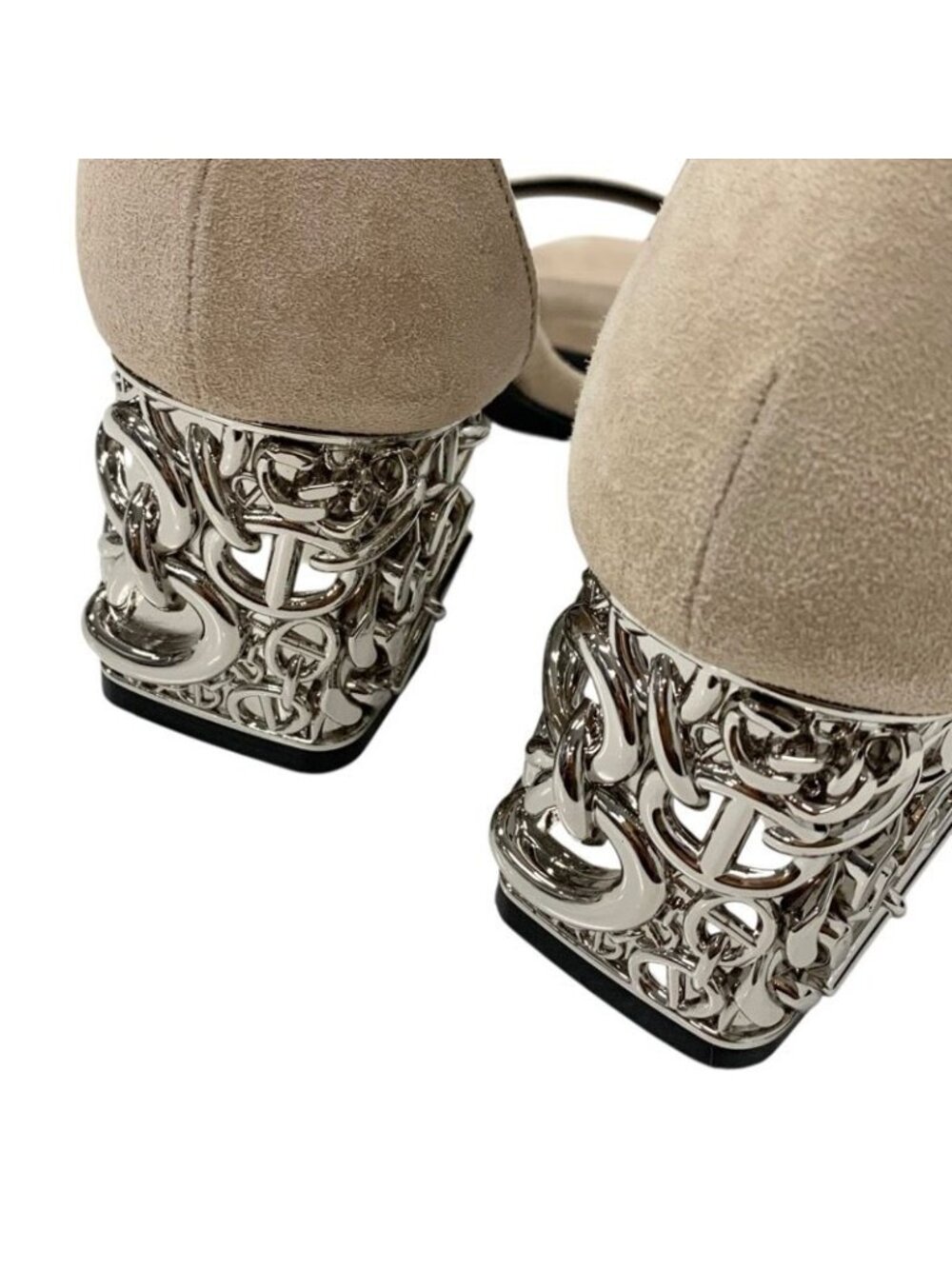 Hermes Gram 60 Sandals Shoes Suede Beige Silver Chaine D'ancre Metal Heel Strap - Picture 10 of 11